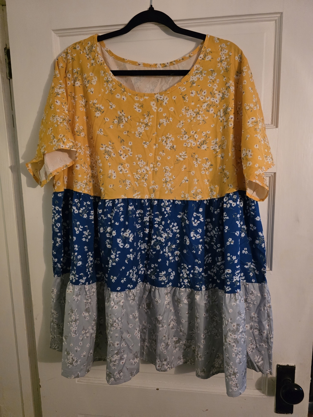 SHEIN Yellow Blue Gray Floral Tiered Blouse